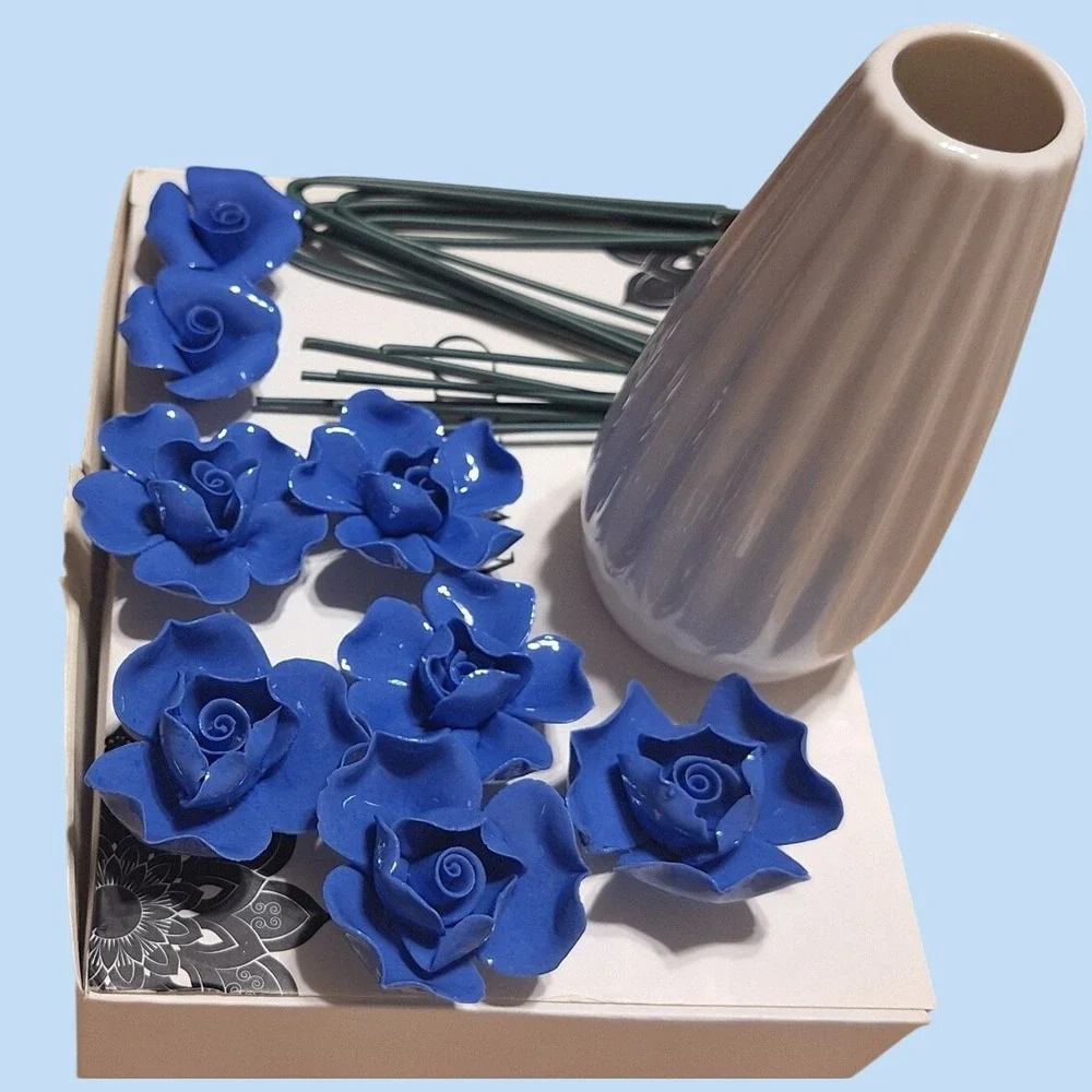 Cobalt Blue Ceramic Roses Set with White Fluted Bud Vase and Floral Stems
